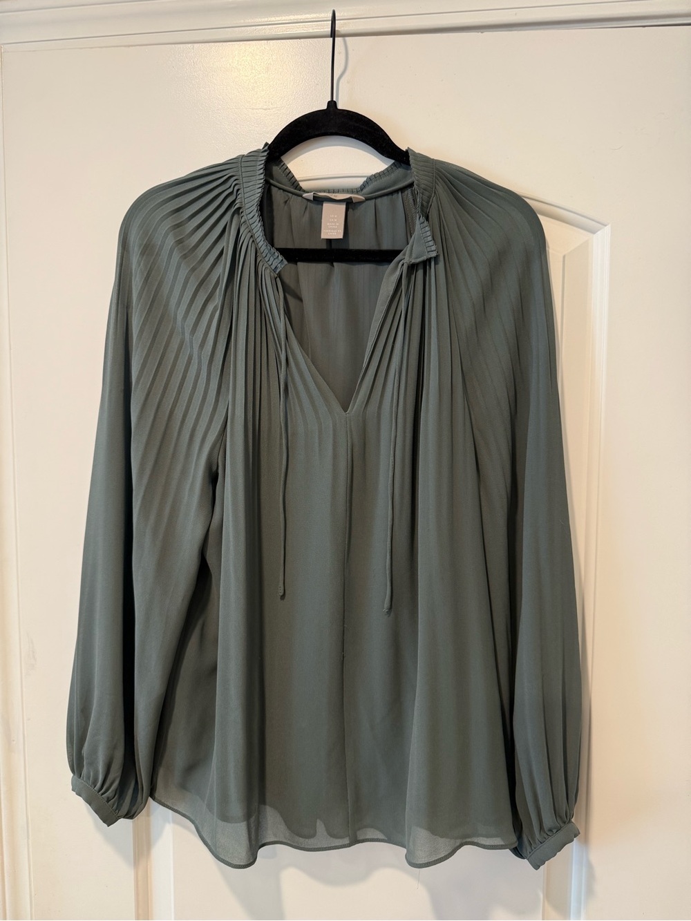 H&M Sage Green Pleated Yoke Tie-Neck Blouse